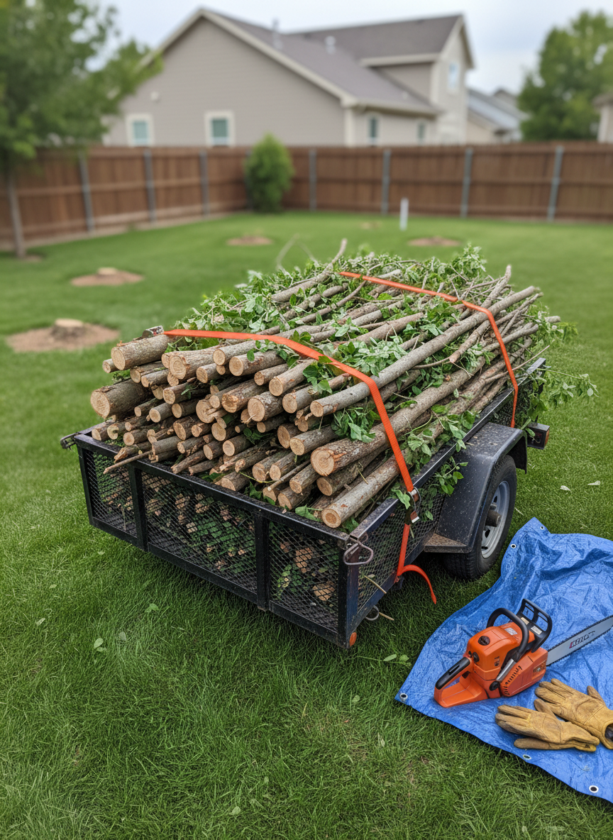 A realistic, close-up photographic scene of a compact utility trailer loaded with neatly cut tree branches and small logs from a trimming job in a Grand Junction backyard. The branches, varying in size and fresh green color, are stacked efficiently and secured with bright ratchet straps, with trimmed stumps and a tidy lawn visible behind. A sturdy, orange chainsaw and a pair of thick work gloves lie on a folded tarp beside the trailer, suggesting recent work without showing any people. Soft overcast daylight creates even lighting, minimizing harsh shadows and bringing out rich textures in bark, leaves, and metal. Captured from a slightly elevated three-quarter angle with moderate depth of field, the mood is calm, orderly, and competent, highlighting careful tree trimming and debris hauling.